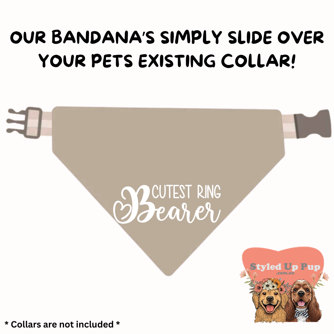 Pet bandana with 'Cutest Ring Bearer' text and Styled Up Pup logo.