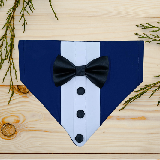 Elegant Tuxedo Dog Bandana - Blue Suit with Black Tie
