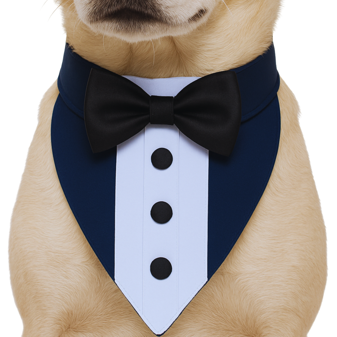 Elegant Tuxedo Dog Bandana - Blue Suit with Black Tie